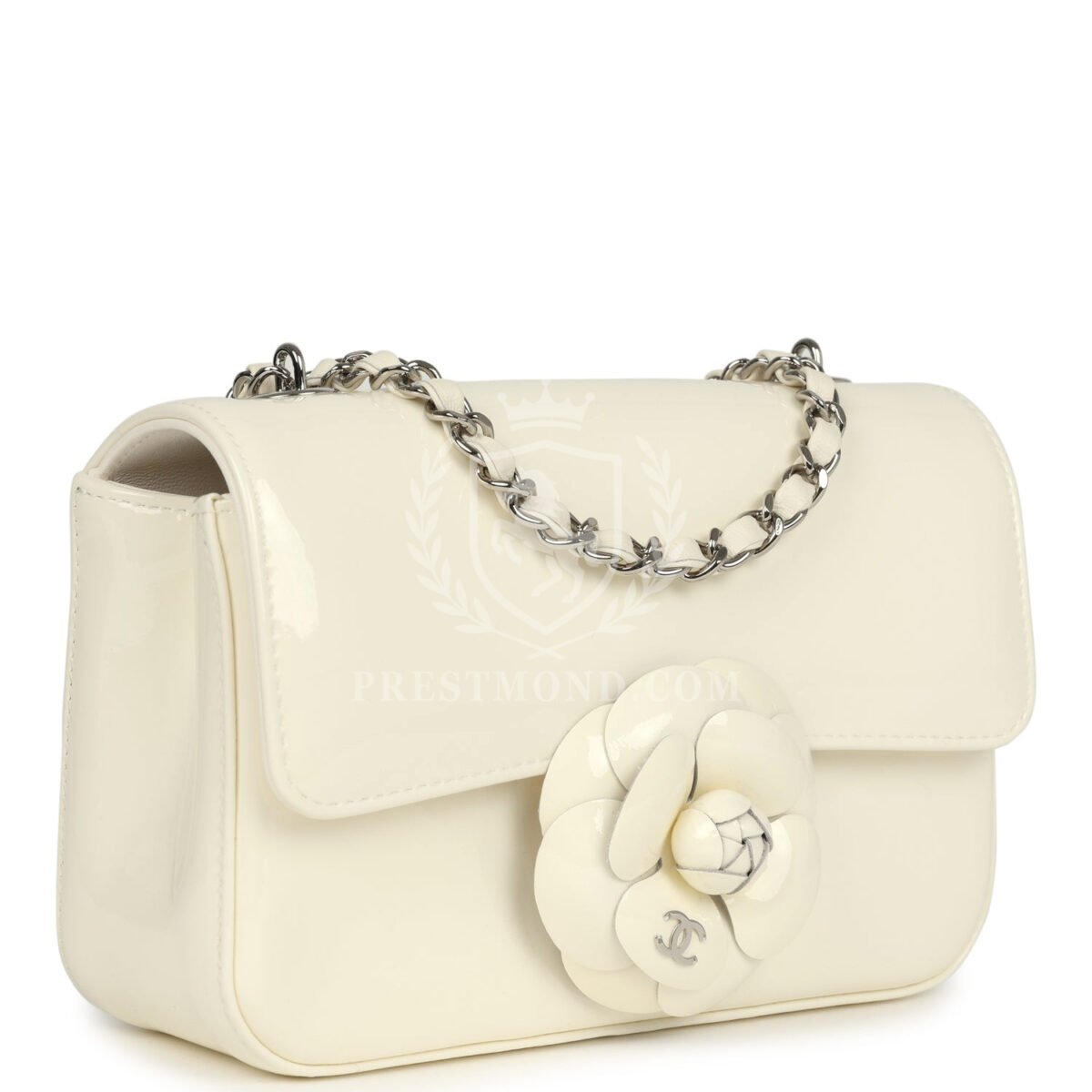 Chanel Mini Camellia Flap Bag Off White Patent Silver Hardware — изображение 2