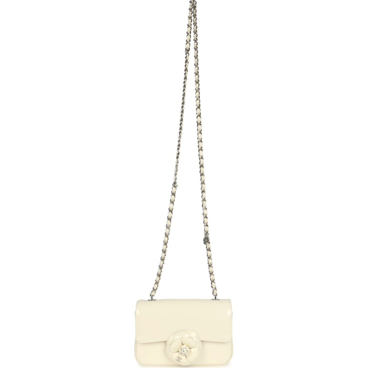 Chanel Mini Camellia Flap Bag Off White Patent Silver Hardware — изображение 7