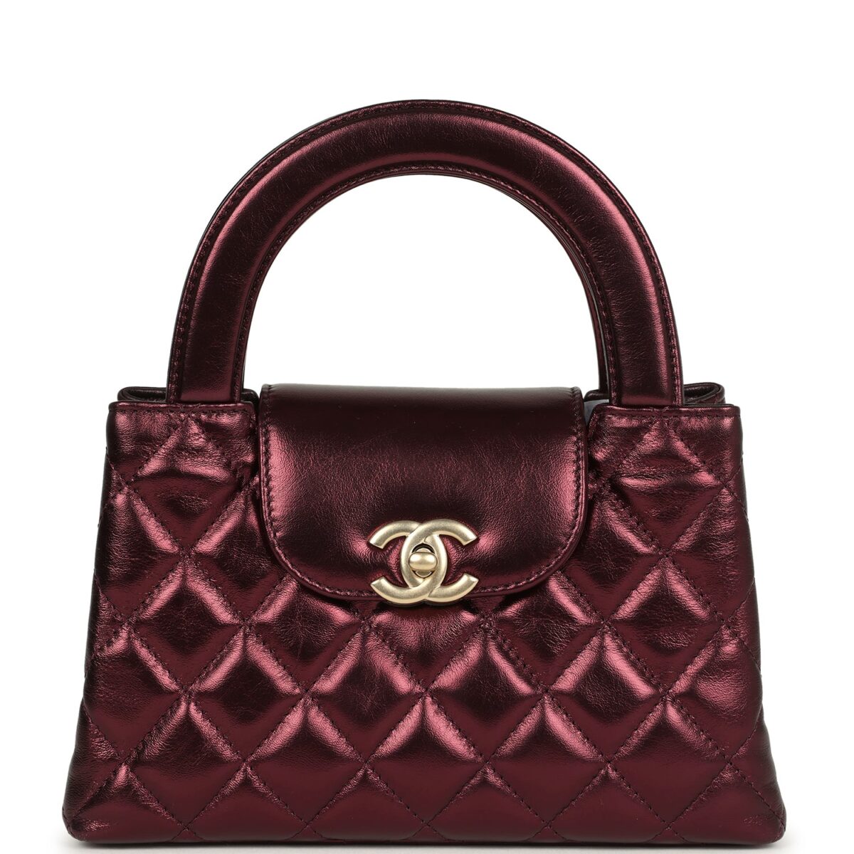 Chanel Small Kelly Shopper Metallic Burgundy Calfskin Brushed Gold Hardware