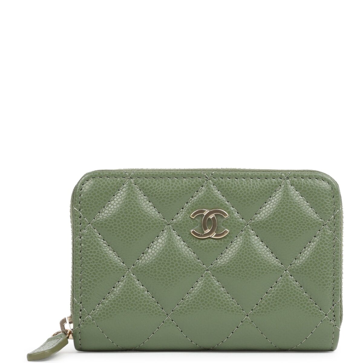 Chanel Classic Zipped Coin Purse Wallet Khaki Shiny Caviar Light Gold Hardware
