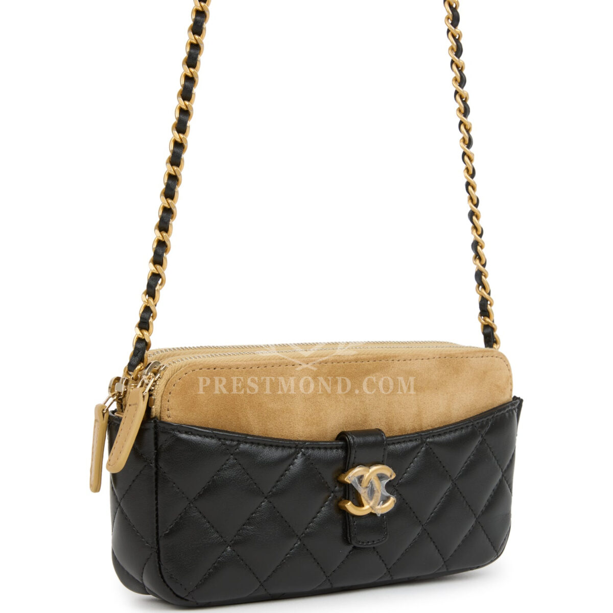 Chanel Double Touch Phone Holder with Chain Black & Brown Shiny Lambskin and Suede Brushed Gold Hardware — изображение 2
