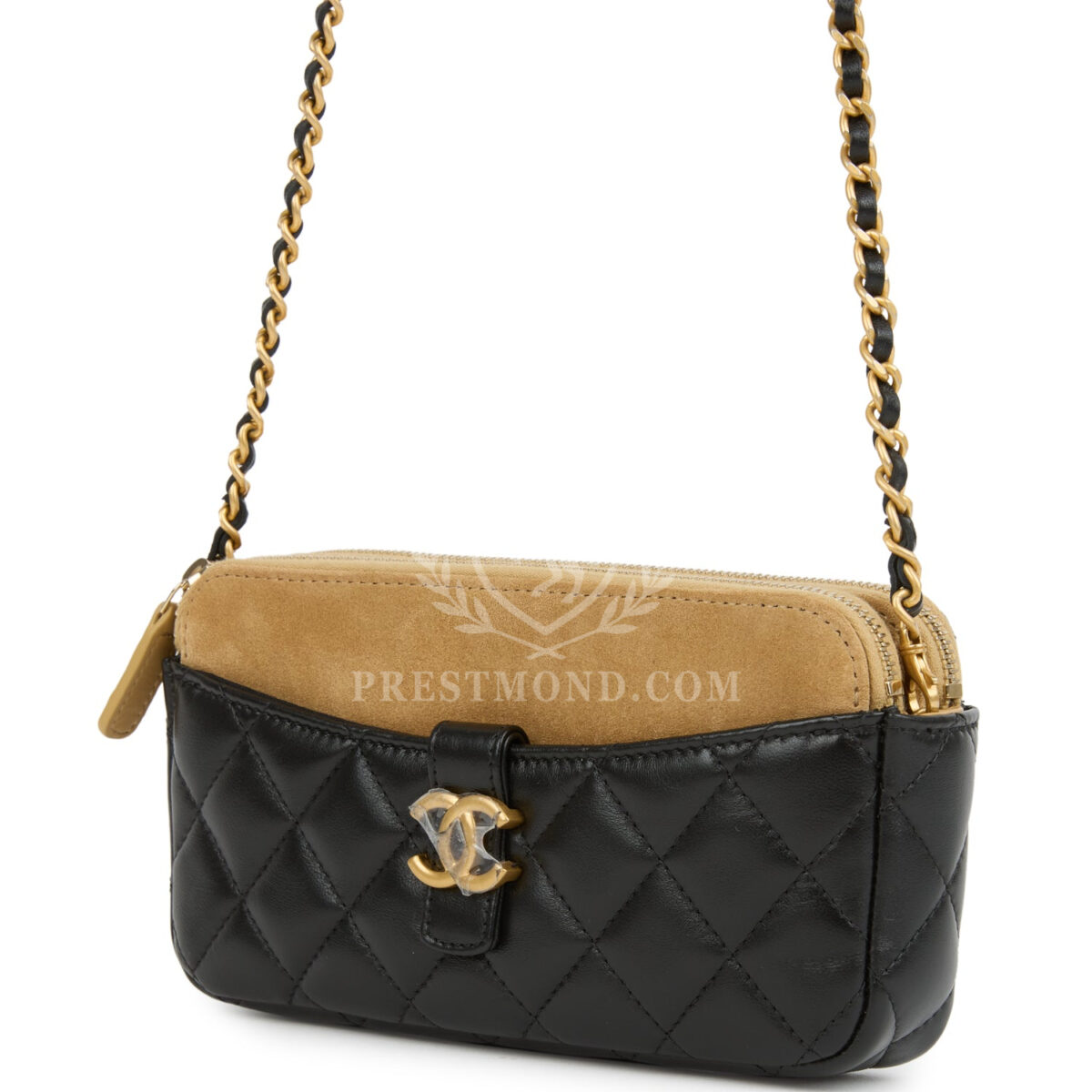 Chanel Double Touch Phone Holder with Chain Black & Brown Shiny Lambskin and Suede Brushed Gold Hardware — изображение 5