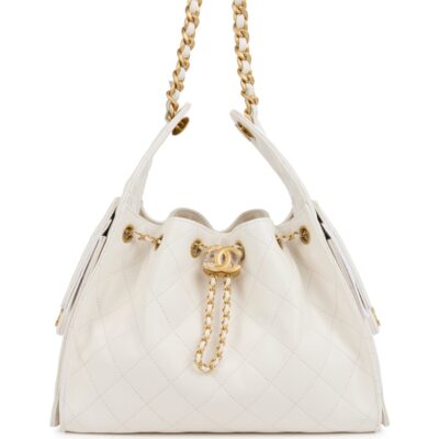 Chanel Small 25 Hobo Bag White Caviar Antique Gold Hardware