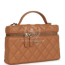 Chanel Top Handle Long Vanity Case with Chain Caramel Shiny Caviar Light Gold Hardware