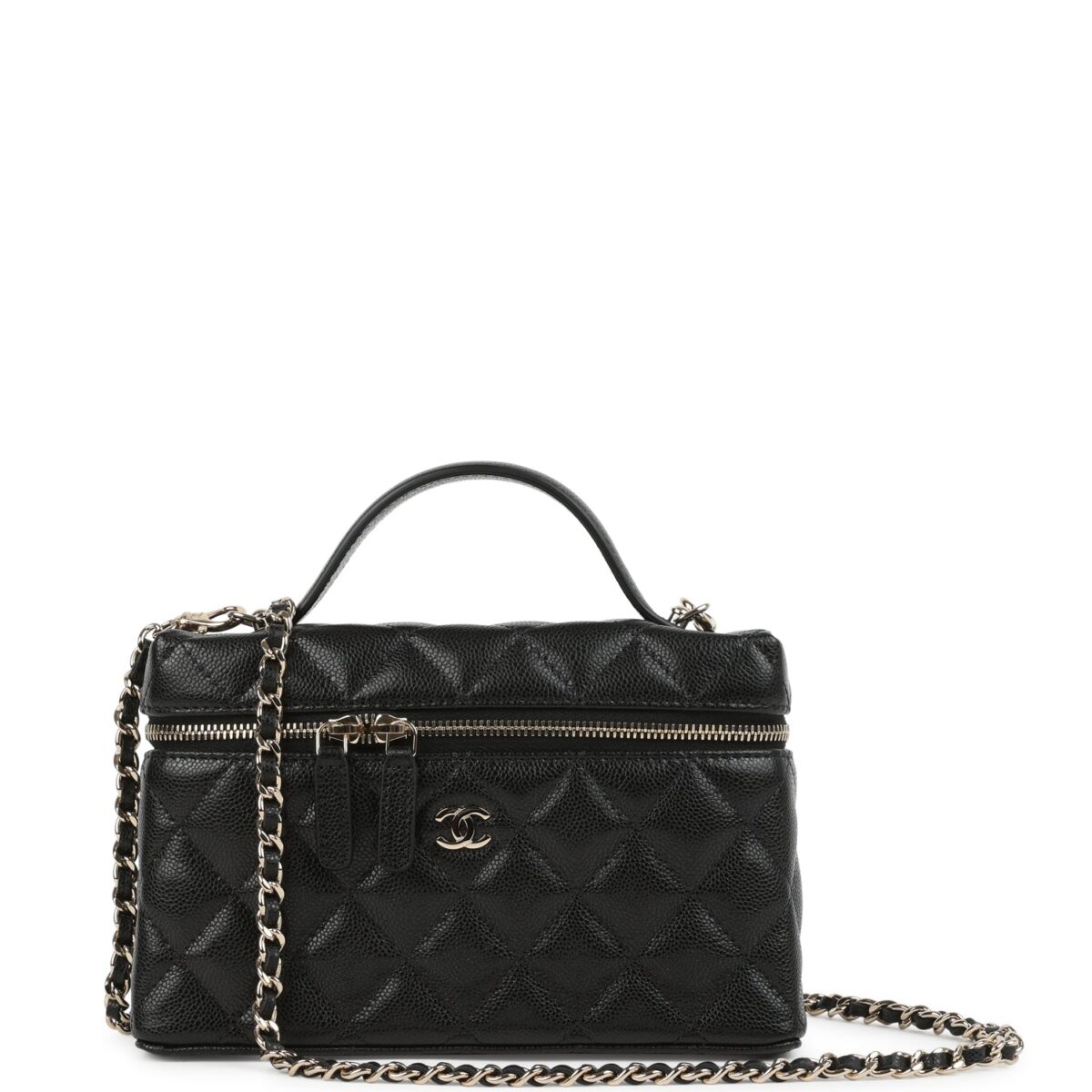 Chanel Top Handle Long Vanity Case with Chain Black Shiny Caviar Light Gold Hardware