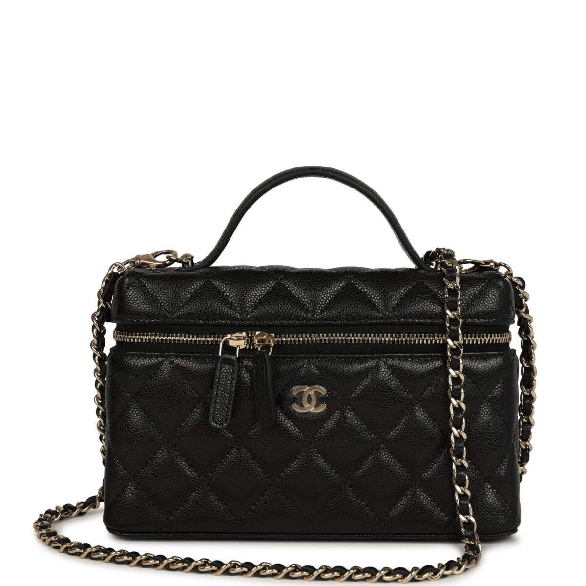 Chanel Top Handle Long Vanity Case with Chain Black Shiny Caviar Light Gold Hardware