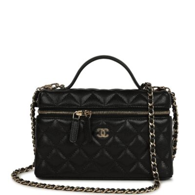 Chanel Top Handle Long Vanity Case with Chain Black Shiny Caviar Light Gold Hardware