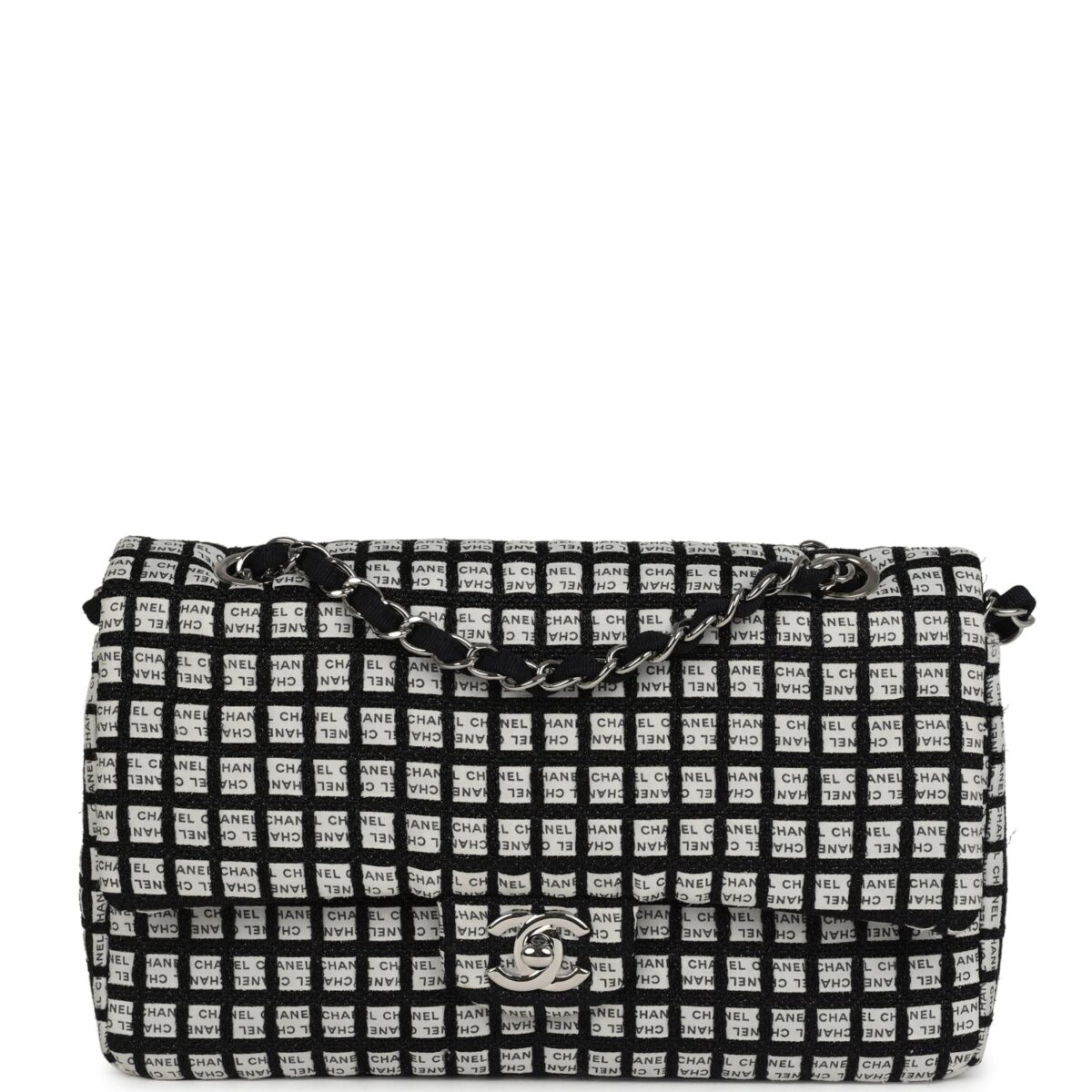 Chanel Medium Logo Ribbon Classic Double Flap Bag White and Black Canvas and Tweed Silver Hardware