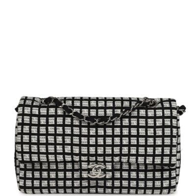Chanel Medium Logo Ribbon Classic Double Flap Bag White and Black Canvas and Tweed Silver Hardware