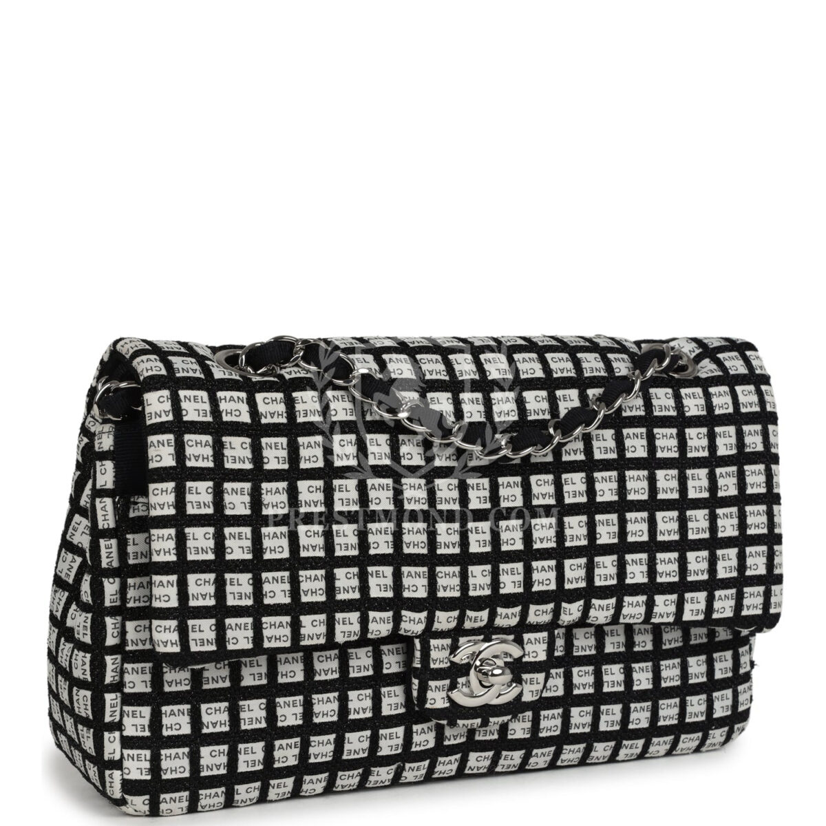Chanel Medium Logo Ribbon Classic Double Flap Bag White and Black Canvas and Tweed Silver Hardware — изображение 2