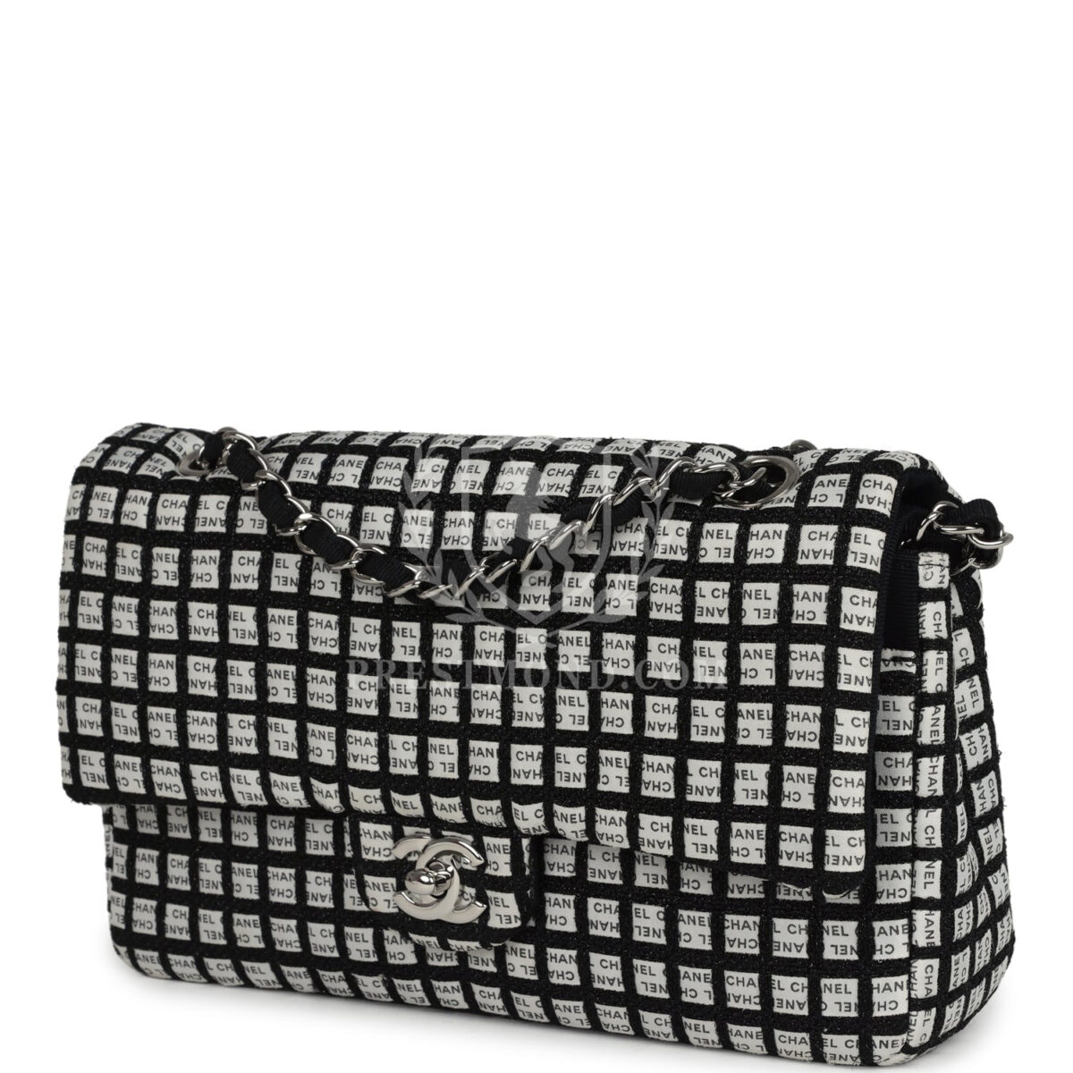 Chanel Medium Logo Ribbon Classic Double Flap Bag White and Black Canvas and Tweed Silver Hardware — изображение 5