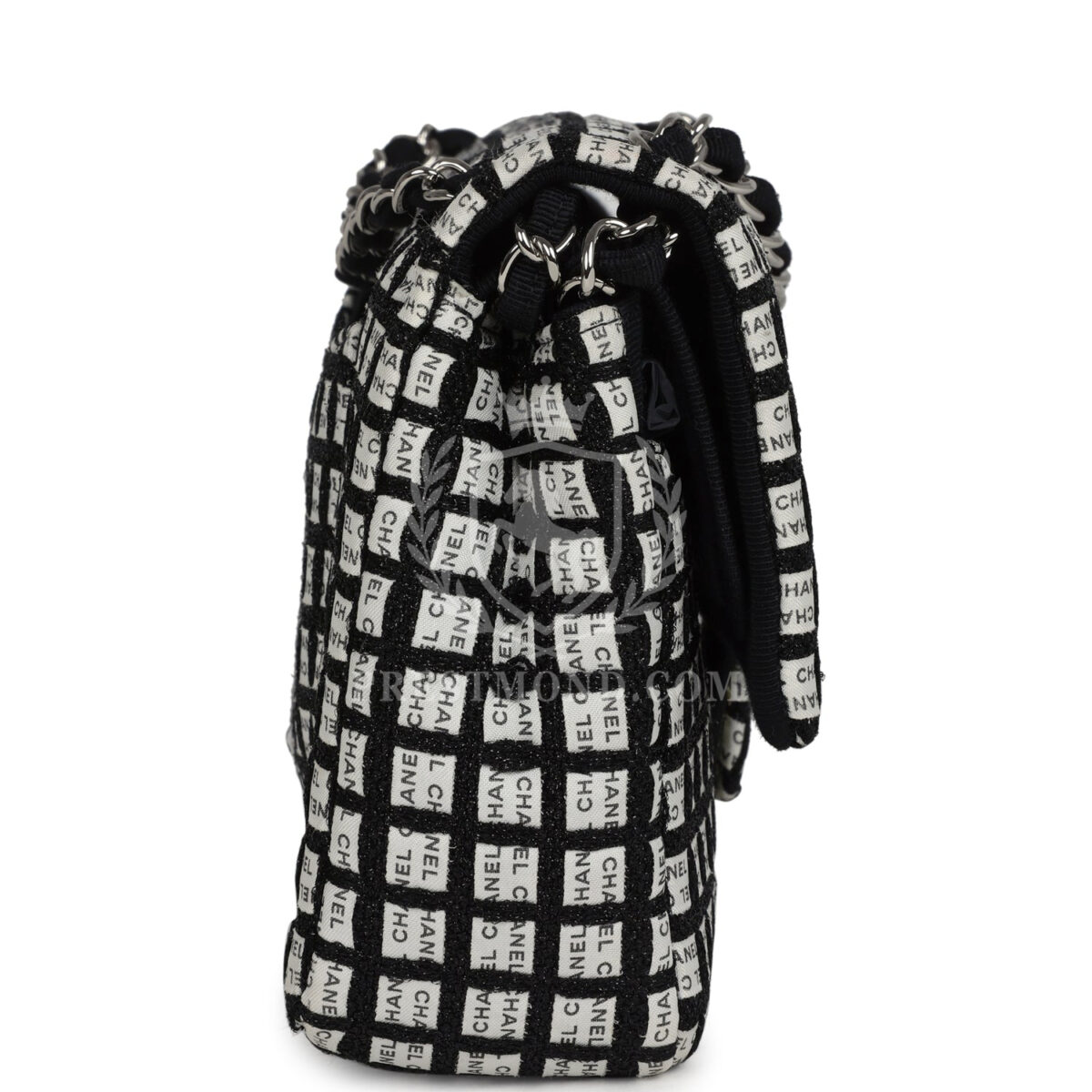 Chanel Medium Logo Ribbon Classic Double Flap Bag White and Black Canvas and Tweed Silver Hardware — изображение 3