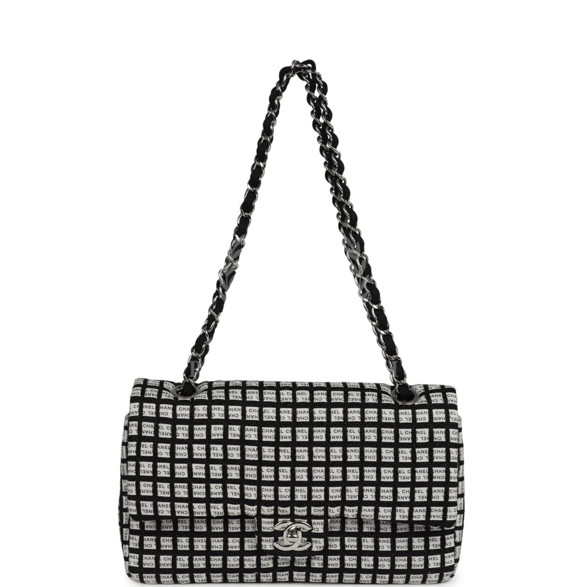 Chanel Medium Logo Ribbon Classic Double Flap Bag White and Black Canvas and Tweed Silver Hardware — изображение 7