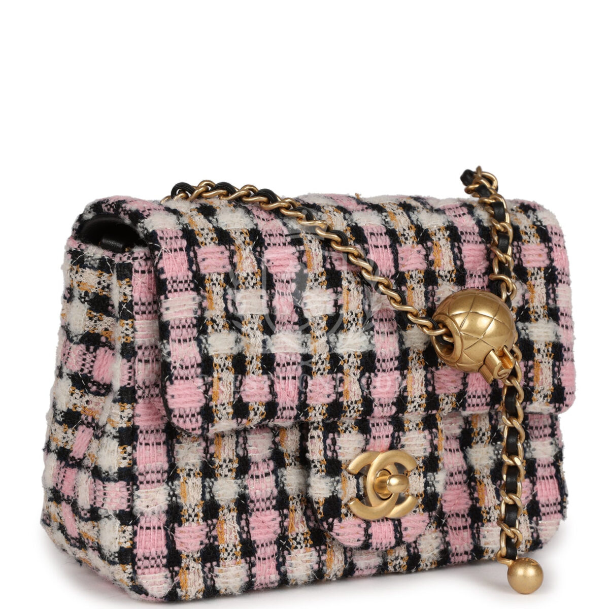 Chanel Pearl Crush Mini Square Flap Bag Pink and Black Tweed Antique Gold Hardware — изображение 2