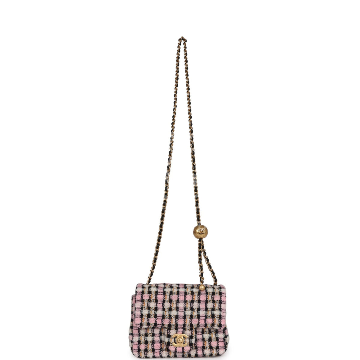 Chanel Pearl Crush Mini Square Flap Bag Pink and Black Tweed Antique Gold Hardware — изображение 7