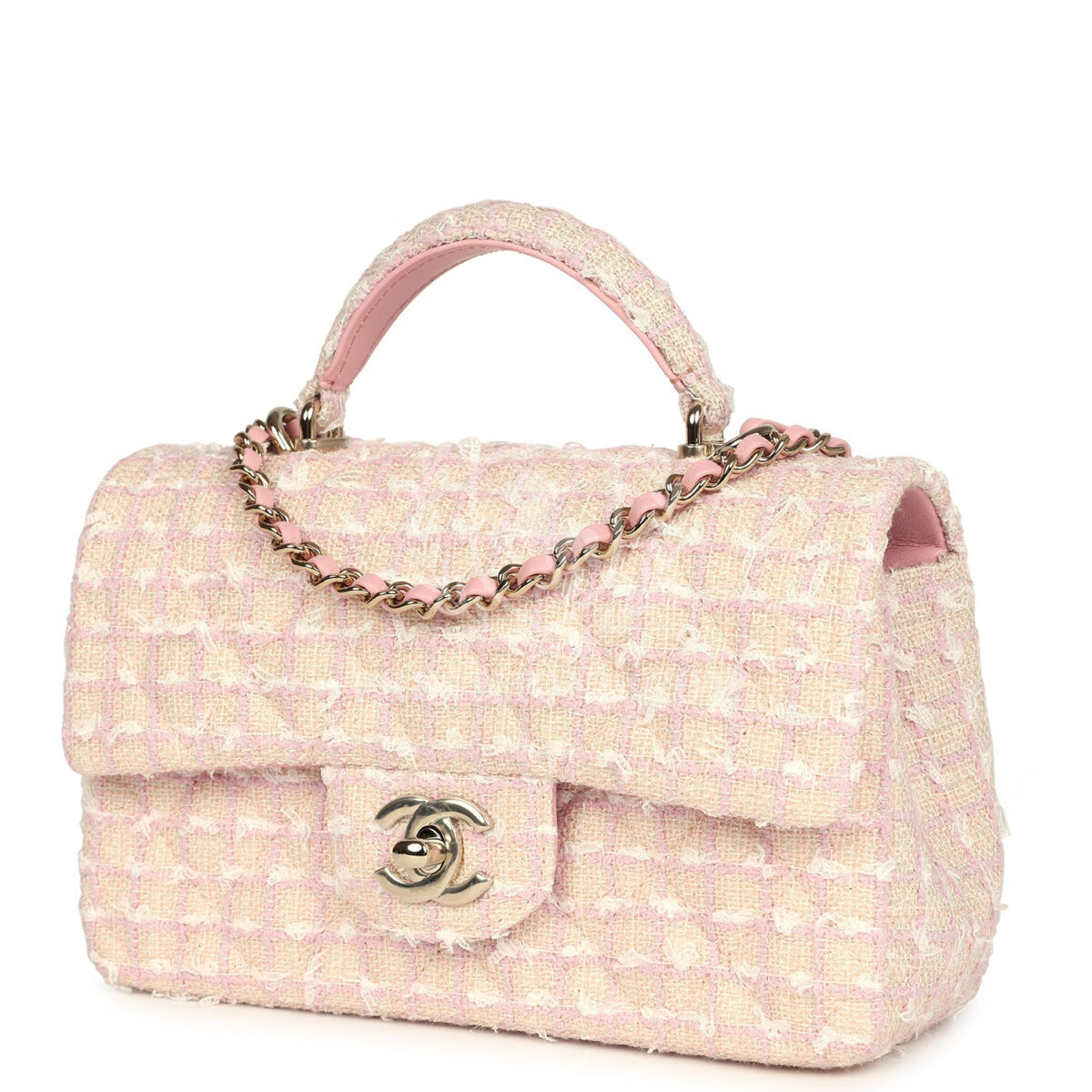 Chanel Mini Rectangular Top Handle Flap Pink and White Tweed Light Gold Hardware — изображение 5