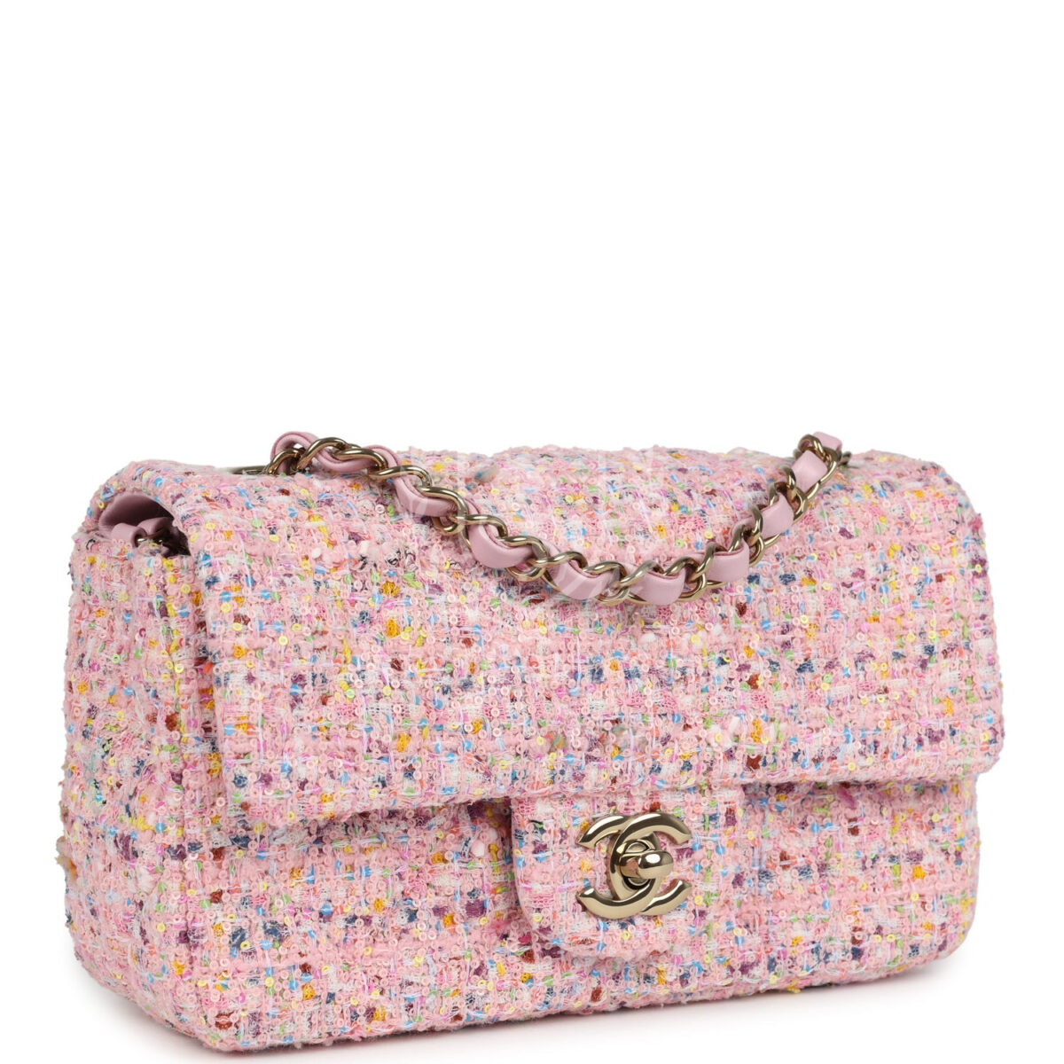 Chanel Mini Classic Rectangular Flap Bag Pink Tweed and Sequin Light Gold Hardware — изображение 2