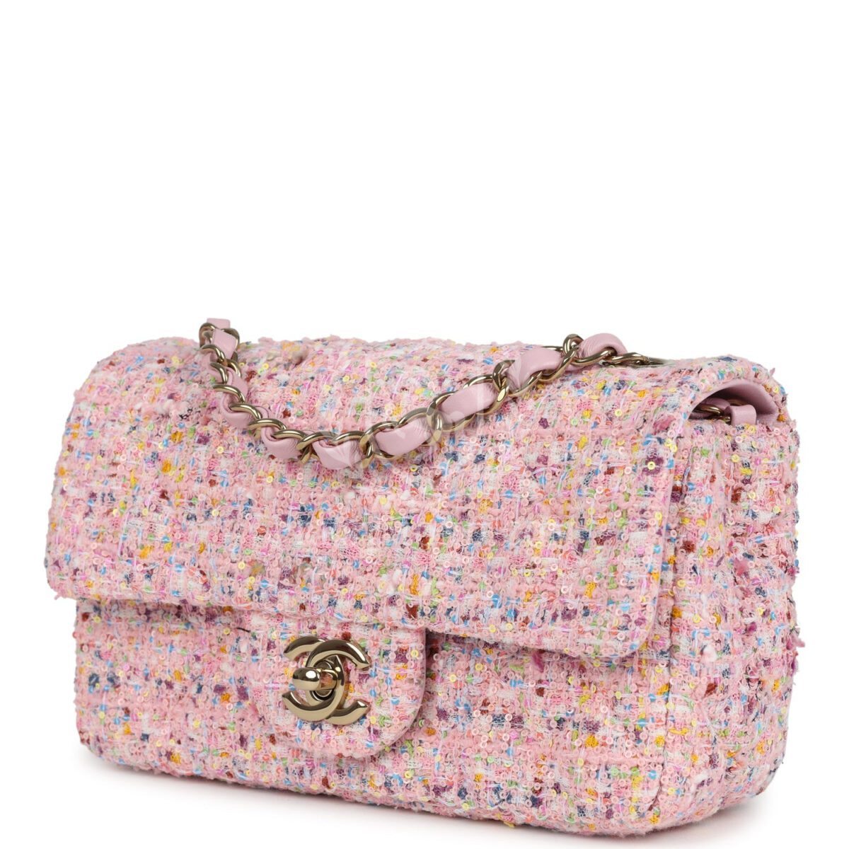 Chanel Mini Classic Rectangular Flap Bag Pink Tweed and Sequin Light Gold Hardware — изображение 5