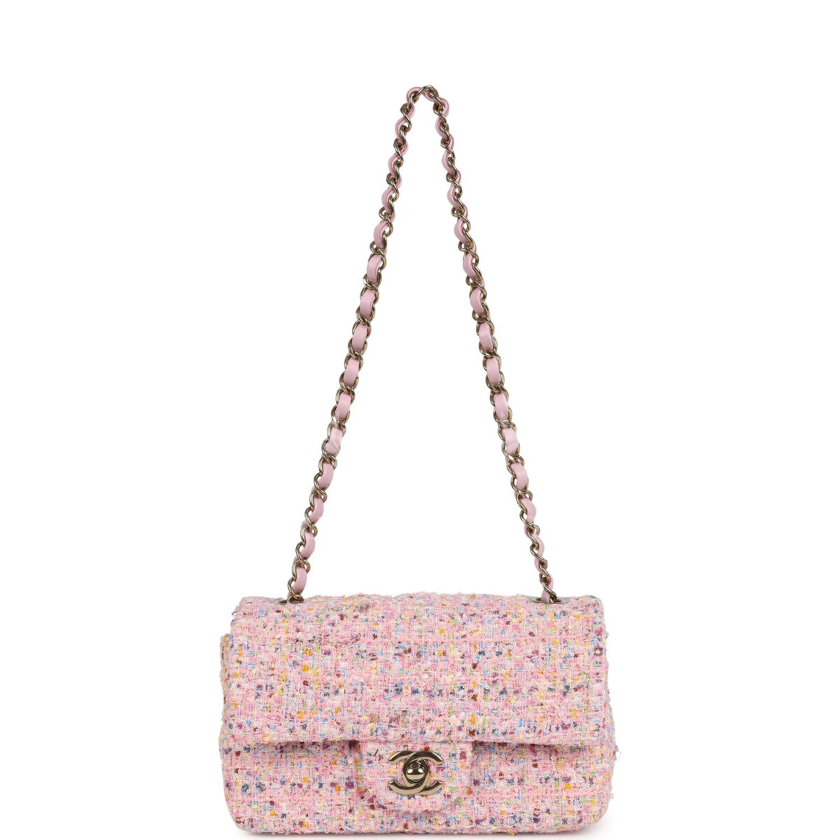 Chanel Mini Classic Rectangular Flap Bag Pink Tweed and Sequin Light Gold Hardware — изображение 7