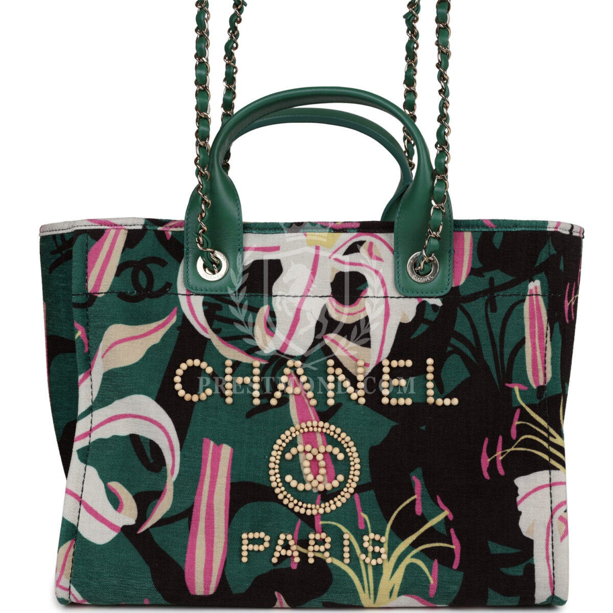 Chanel Small Deauville Shopping Tote Green and Pink Tropical Floral Velvet Light Gold Hardware — изображение 2