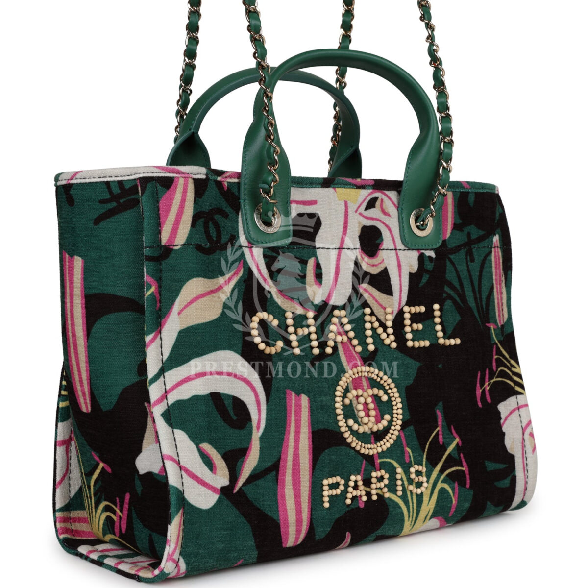 Chanel Small Deauville Shopping Tote Green and Pink Tropical Floral Velvet Light Gold Hardware — изображение 3
