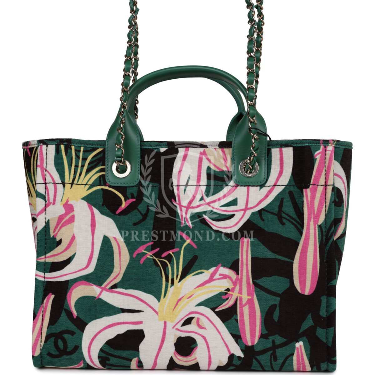 Chanel Small Deauville Shopping Tote Green and Pink Tropical Floral Velvet Light Gold Hardware — изображение 5