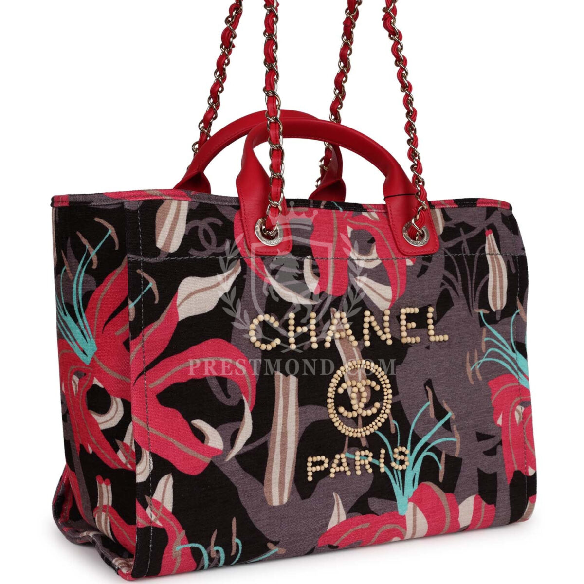 Chanel Medium Deauville Shopping Tote Grey and Pink Tropical Floral Velvet Light Gold Hardware — изображение 3