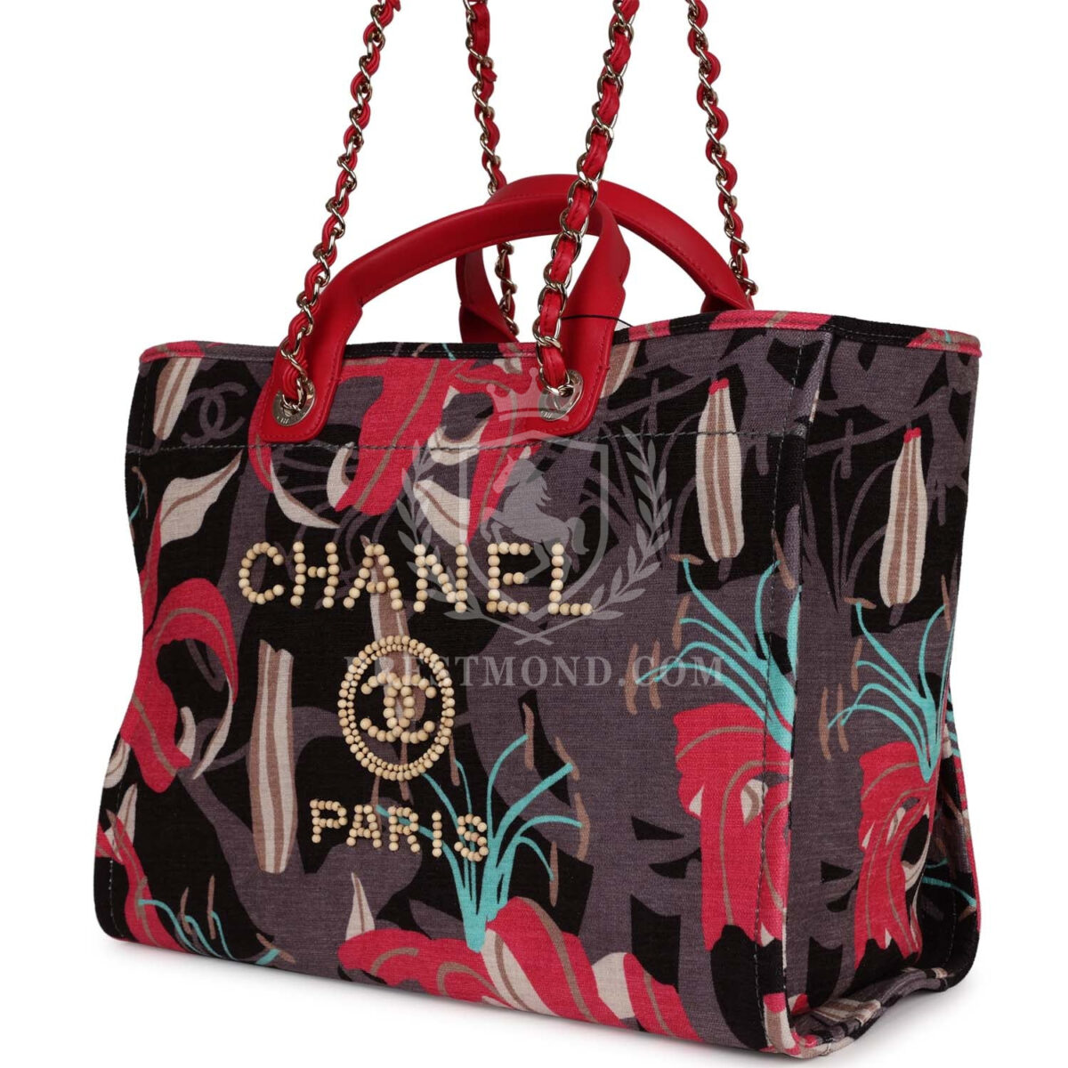 Chanel Medium Deauville Shopping Tote Grey and Pink Tropical Floral Velvet Light Gold Hardware — изображение 6