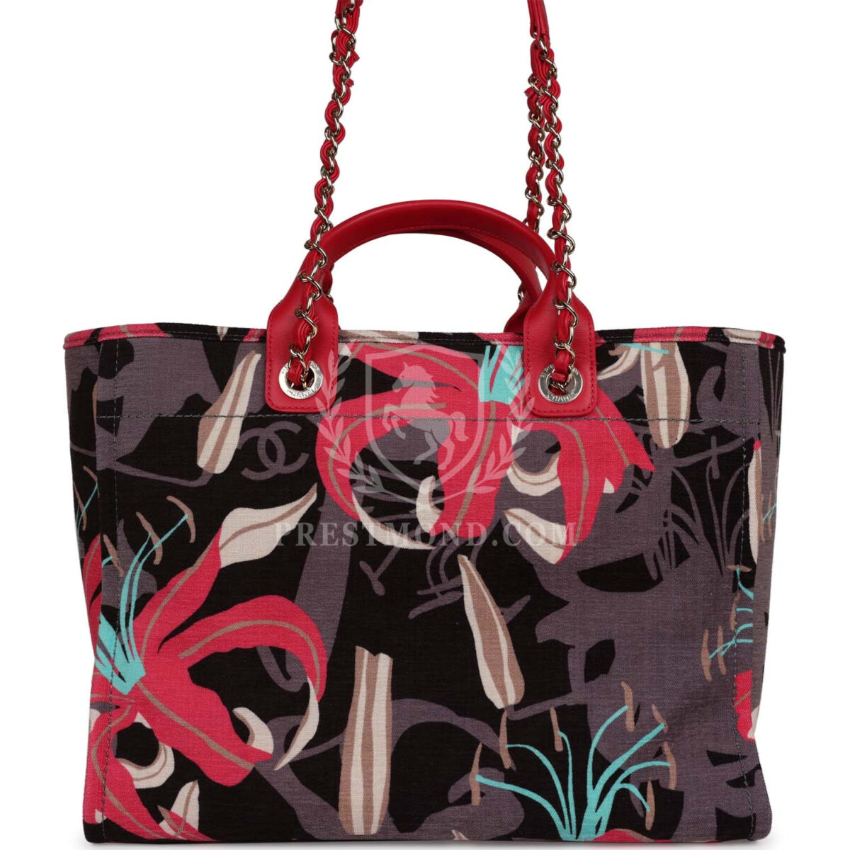 Chanel Medium Deauville Shopping Tote Grey and Pink Tropical Floral Velvet Light Gold Hardware — изображение 5
