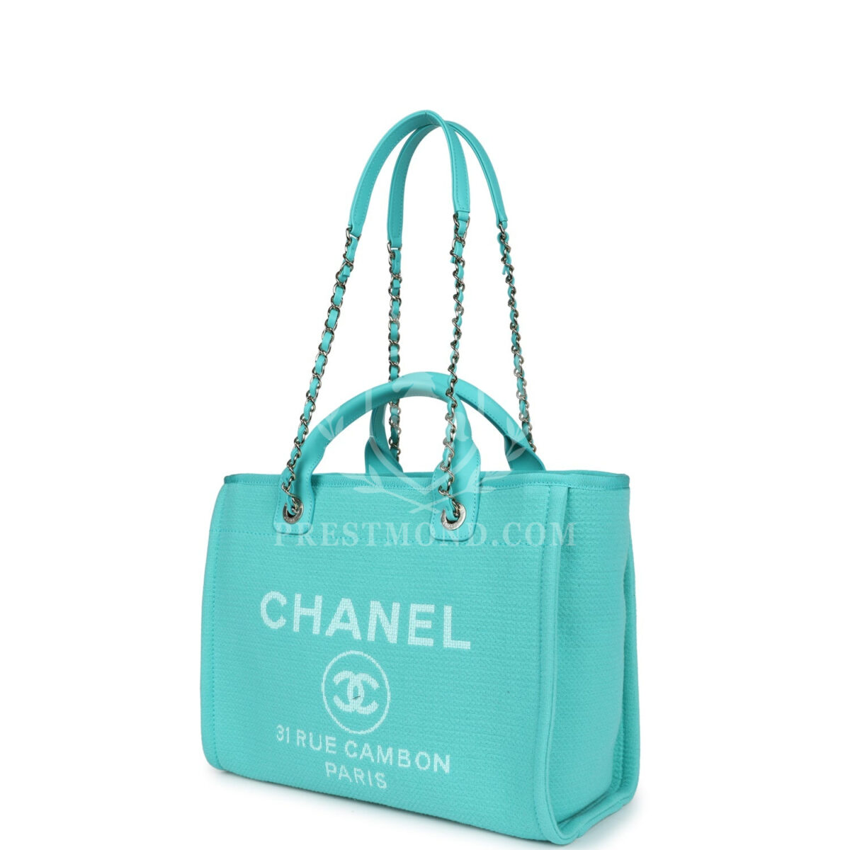 Chanel Small Deauville Shopping Tote Turquoise Canvas Light Gold Hardware — изображение 4