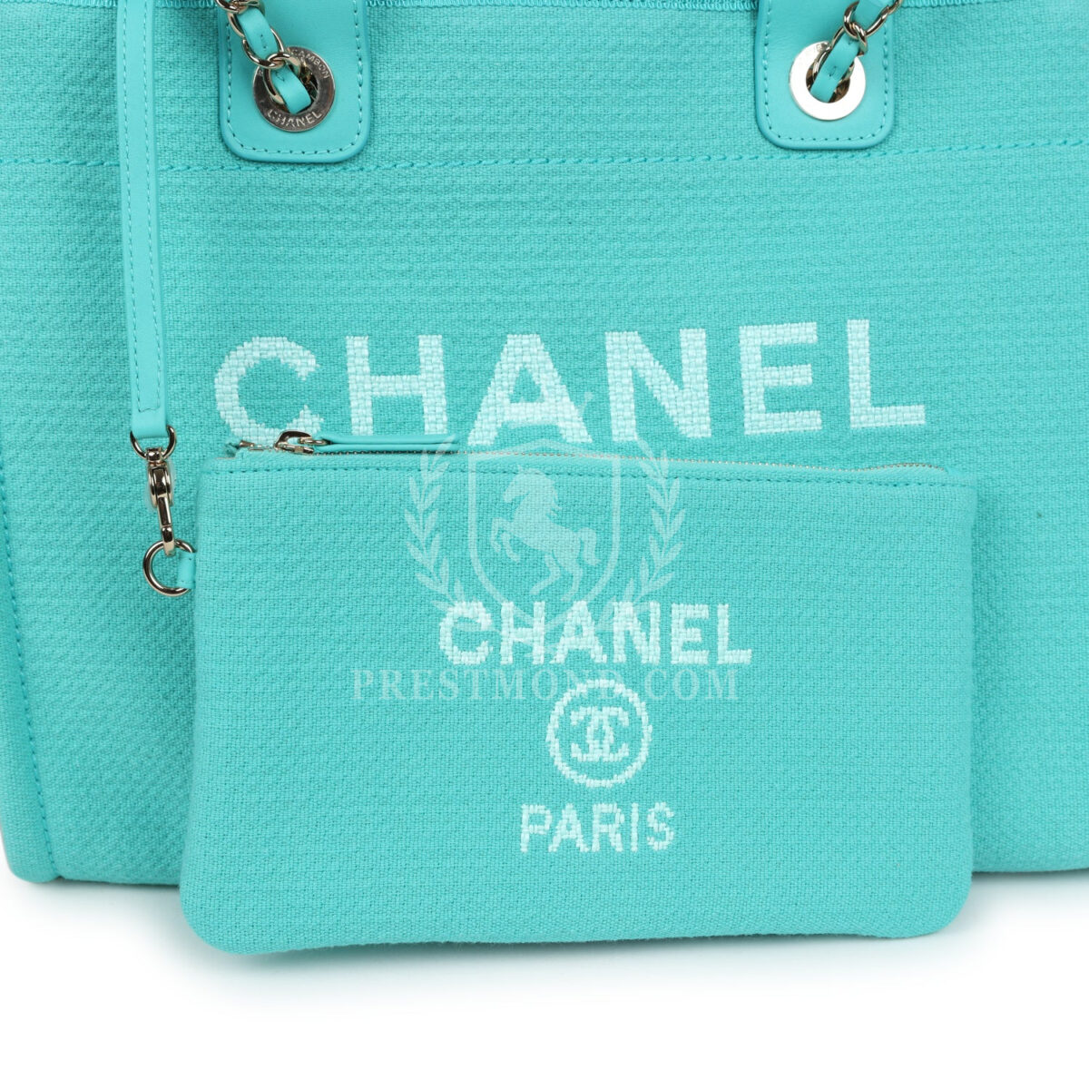 Chanel Small Deauville Shopping Tote Turquoise Canvas Light Gold Hardware — изображение 6