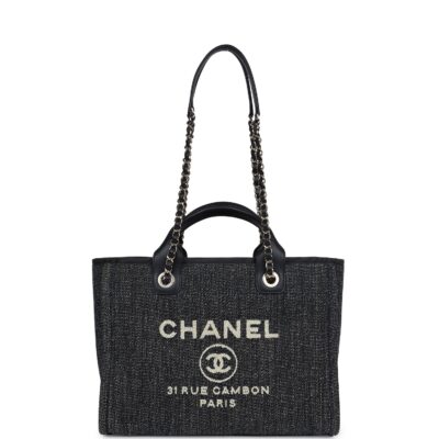 Chanel Small Deauville Shopping Tote Dark Blue Denim Light Gold Hardware