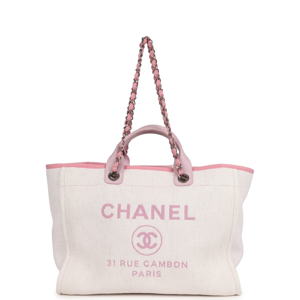 Chanel Medium Deauville Shopping Tote Light Pink Raffia and Canvas Silver Hardware
