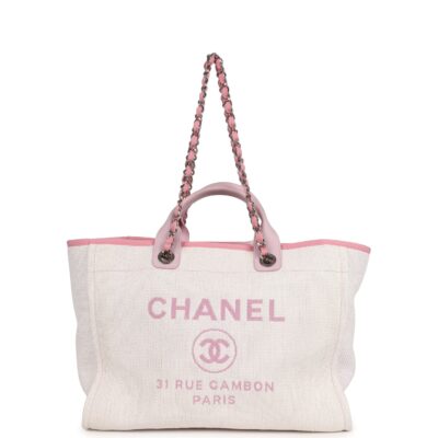 Chanel Medium Deauville Shopping Tote Light Pink Raffia and Canvas Silver Hardware