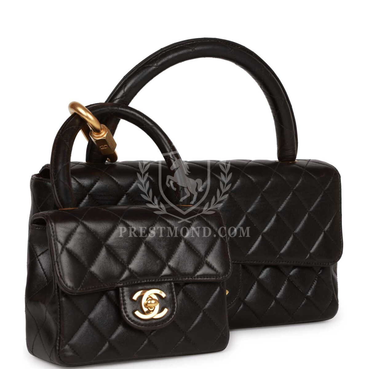 Vintage Chanel Kelly Parent and Child Flap Bag Set Black Lambskin Gold Hardware — изображение 2