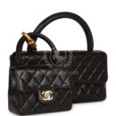 Vintage Chanel Kelly Parent and Child Flap Bag Set Black Lambskin Gold Hardware
