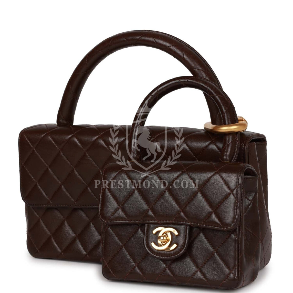 Vintage Chanel Kelly Parent and Child Flap Bag Set Brown Lambskin Gold Hardware — изображение 5