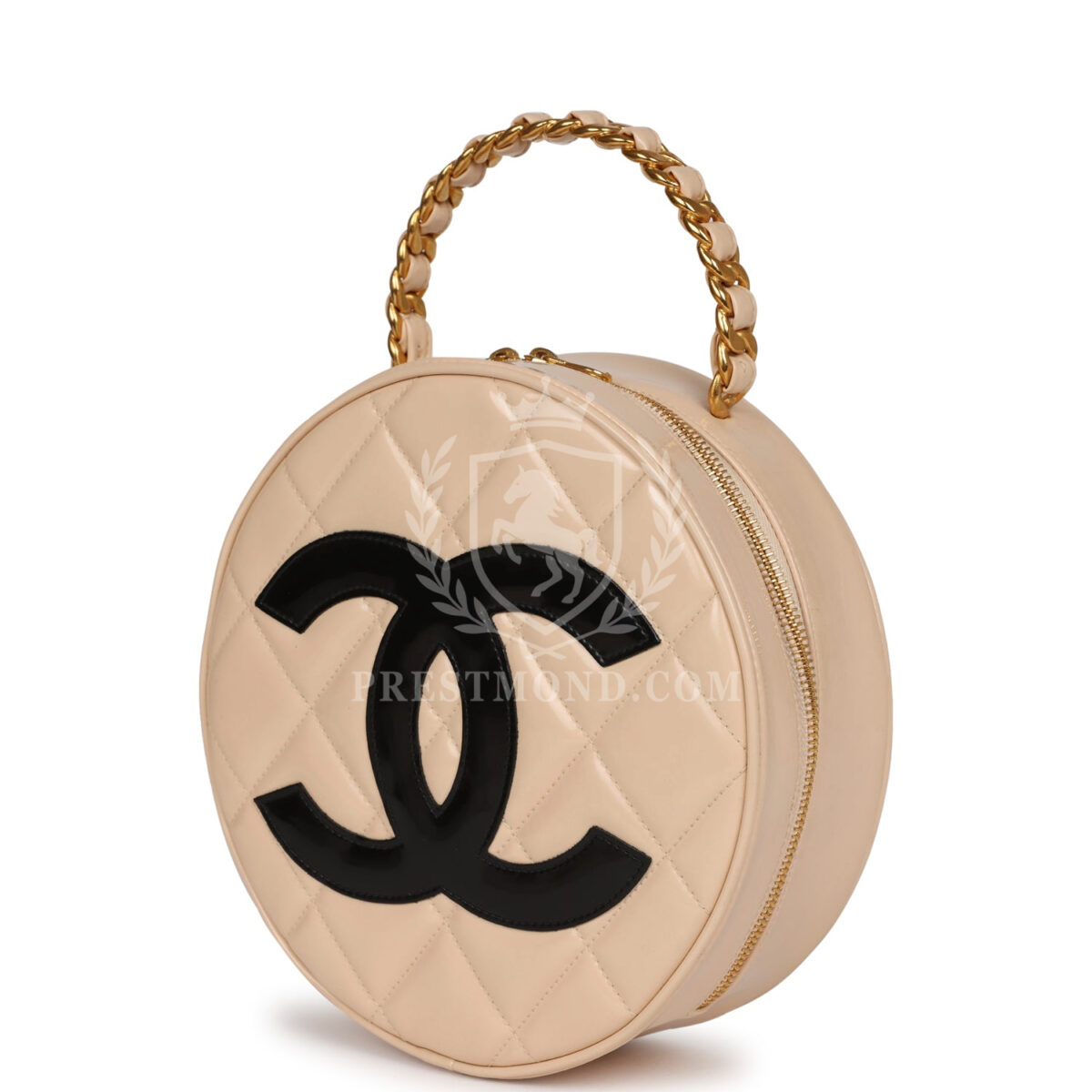Vintage Chanel Round Vanity Bag Beige and Black Patent Leather Antique Gold Hardware — изображение 5