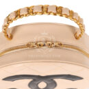 Vintage Chanel Round Vanity Bag Beige and Black Patent Leather Antique Gold Hardware