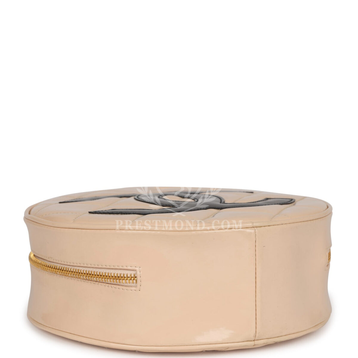 Vintage Chanel Round Vanity Bag Beige and Black Patent Leather Antique Gold Hardware — изображение 7