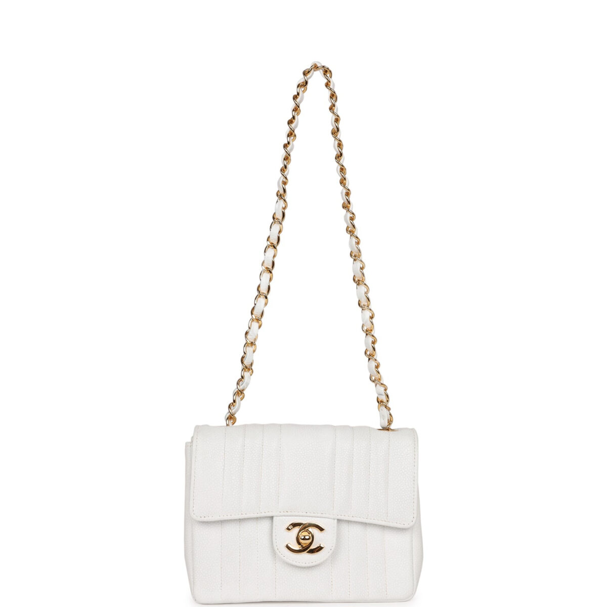 Vintage Chanel Mini Square Flap Vertical Stripe White Caviar Gold Hardware — изображение 7