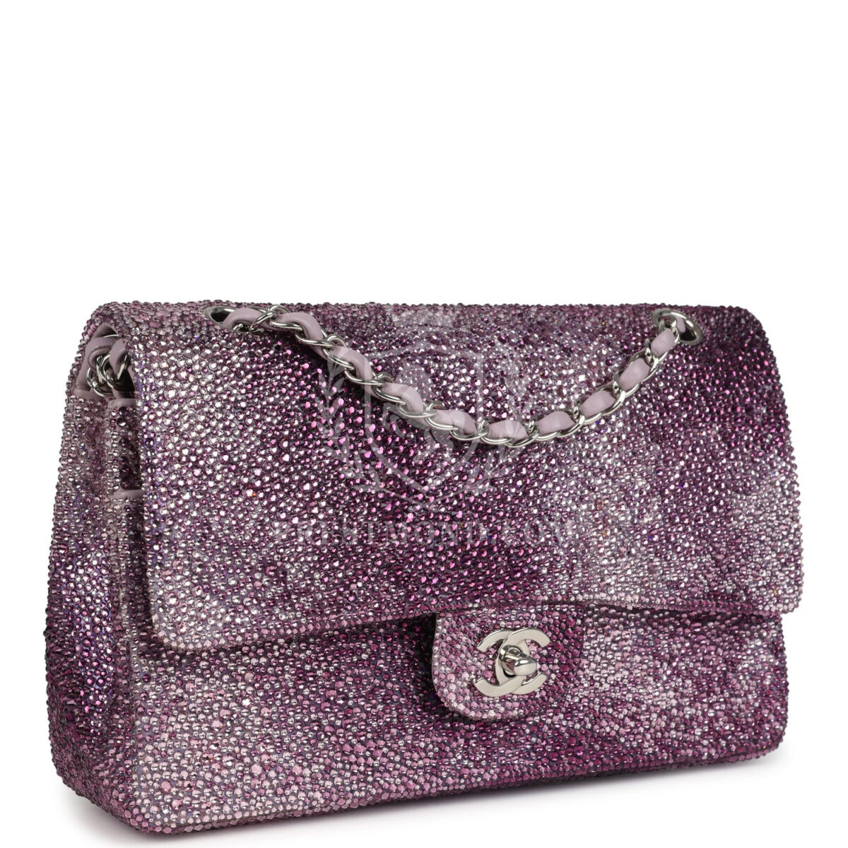 Custom Swarovski Crystal Vintage Chanel Medium Classic Double Flap Purple Lambskin Silver Hardware — изображение 2