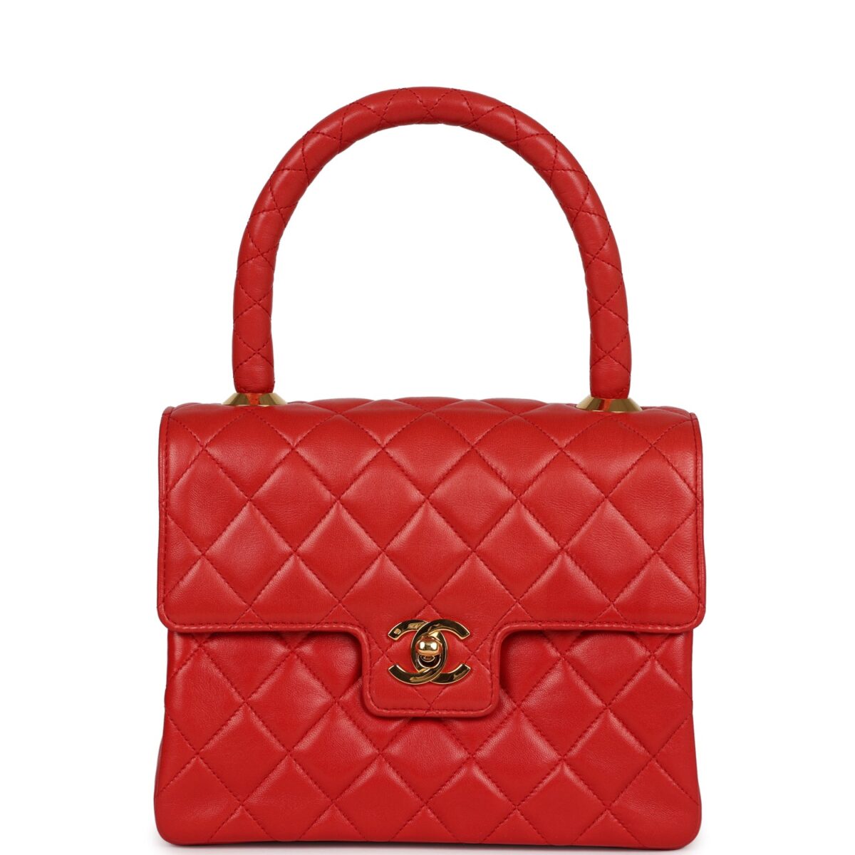 Vintage Chanel Top Handle Square Flap Red Lambskin Gold Hardware
