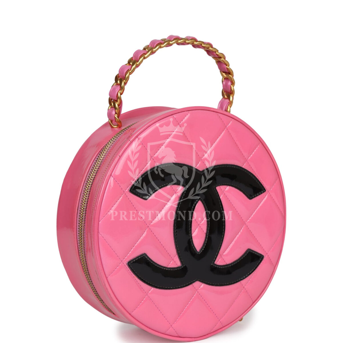 Vintage Chanel Round Vanity Bag Pink and Black Patent Leather Antique Gold Hardware — изображение 2