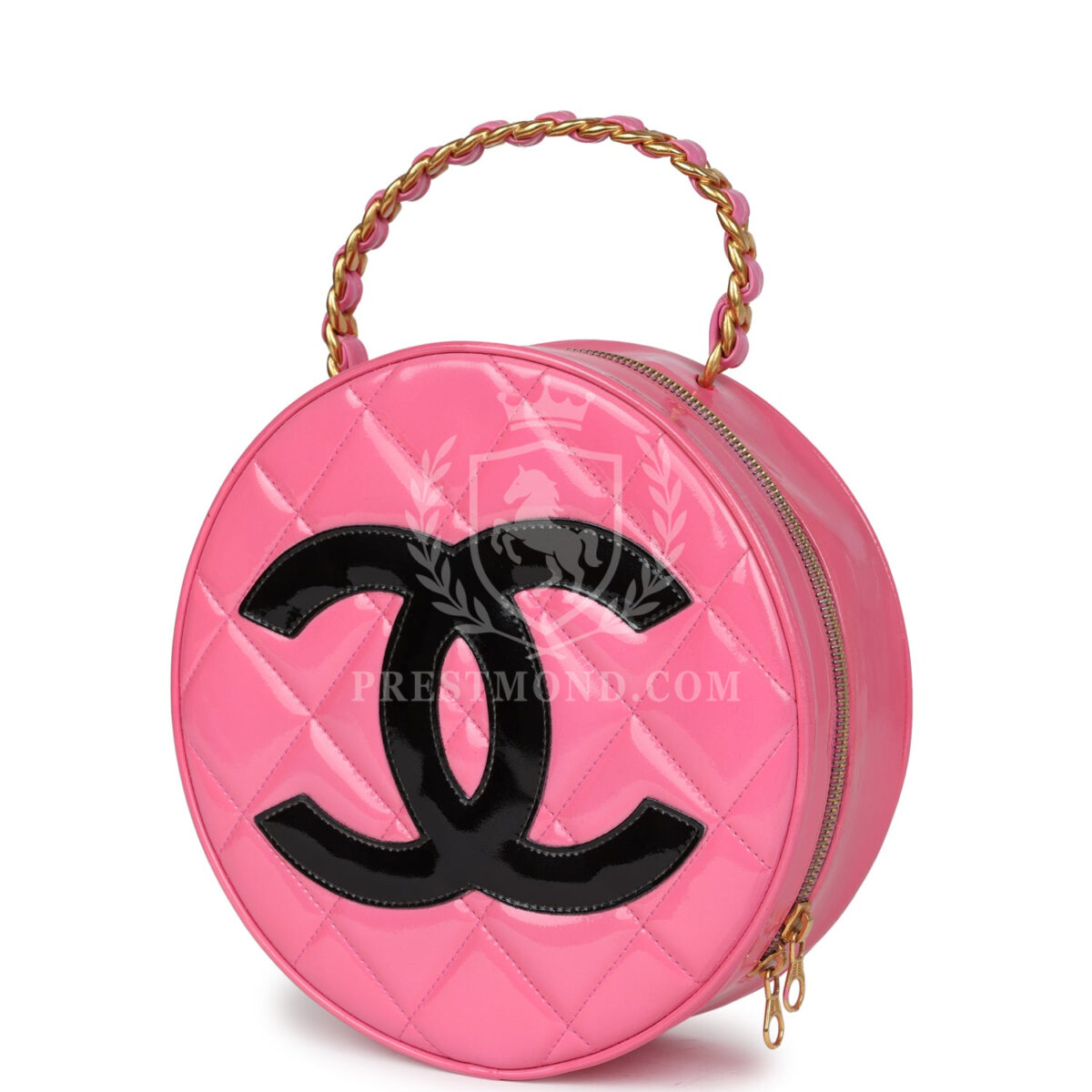 Vintage Chanel Round Vanity Bag Pink and Black Patent Leather Antique Gold Hardware — изображение 5