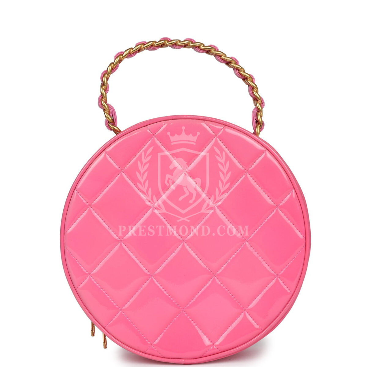 Vintage Chanel Round Vanity Bag Pink and Black Patent Leather Antique Gold Hardware — изображение 4