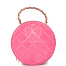 Vintage Chanel Round Vanity Bag Pink and Black Patent Leather Antique Gold Hardware