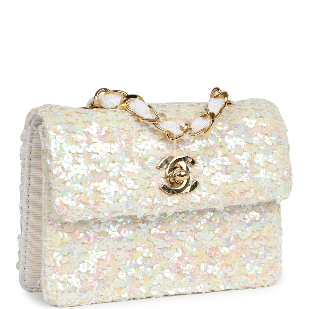 Vintage Chanel Micro Half Flap Iridescent Ivory Sequin Gold Hardware — изображение 2