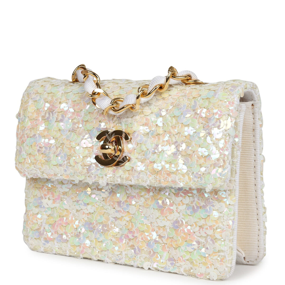 Vintage Chanel Micro Half Flap Iridescent Ivory Sequin Gold Hardware — изображение 5