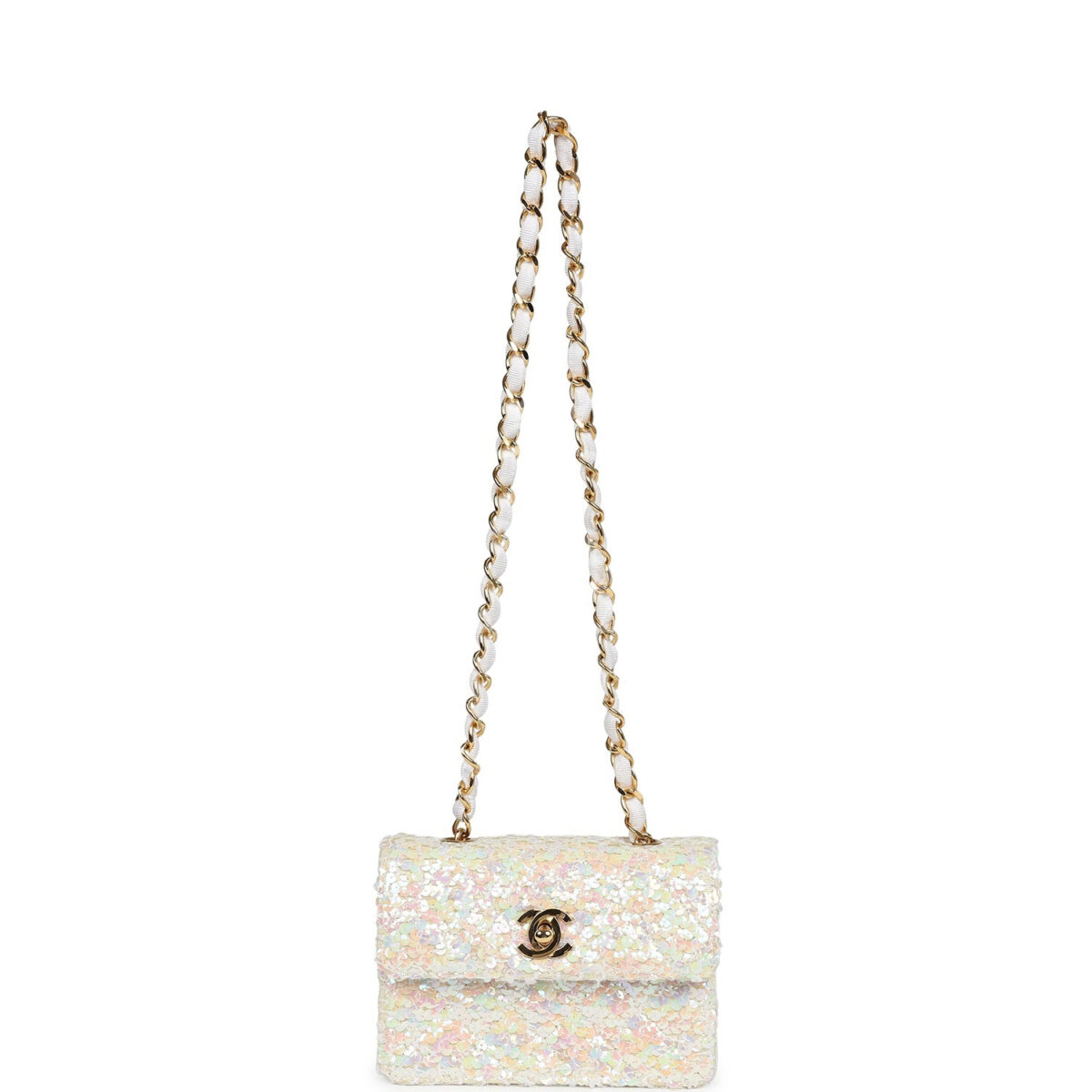 Vintage Chanel Micro Half Flap Iridescent Ivory Sequin Gold Hardware — изображение 7